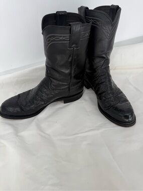 Vintage Justin black smooth ostrich leather cowboy western boots men 10 1/2D USA
